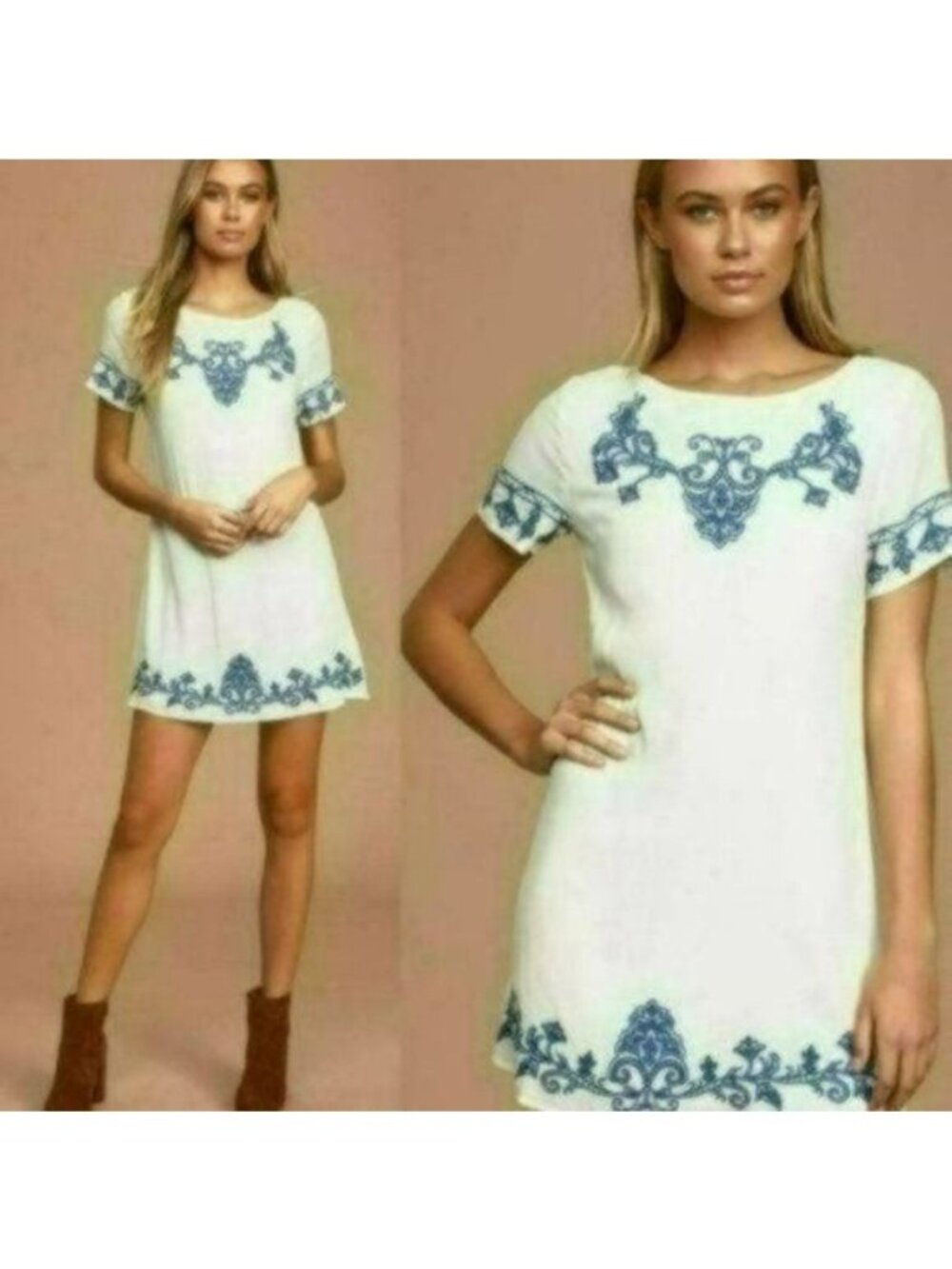 Lulus Tell A Tale Women's XS White Blue Embroidered Scoop Neck Mini Sheath Dress